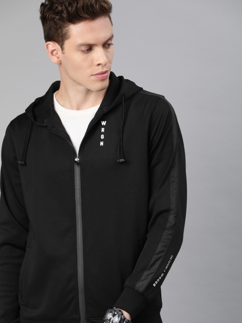 

WROGN Men Black Solid Hooded Side Striped Sweatshirt