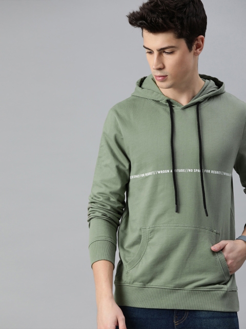 Men Green Printed Slim Fit Hooded Pullover Sweatshirt
