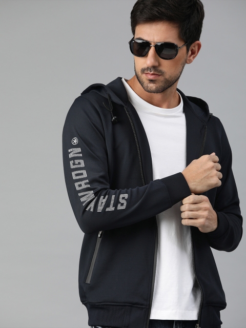 

WROGN Men Navy Blue Slim Fit Solid Hooded Sweatshirt With Printed Detailing