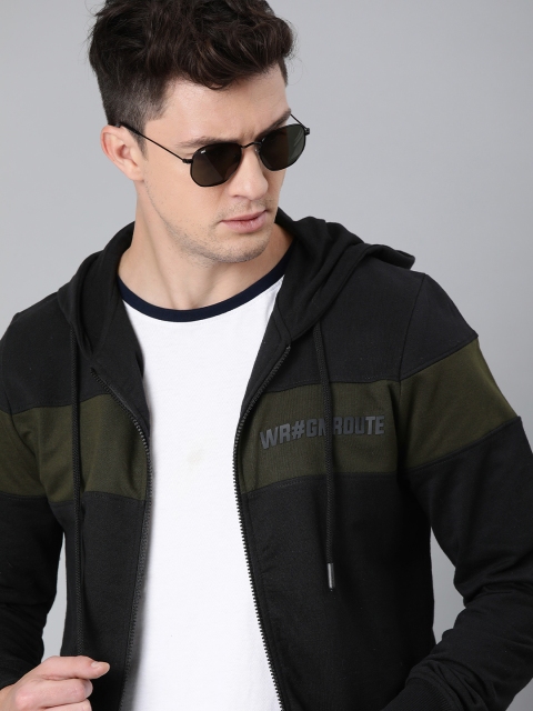 

WROGN Men Black & Olive Green Striped Hooded Sweatshirt