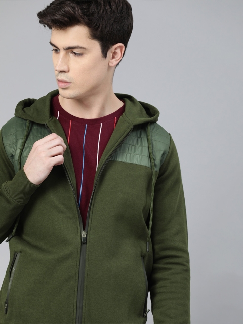 

WROGN Men Olive Green Solid Hooded Front-Open Sweatshirt