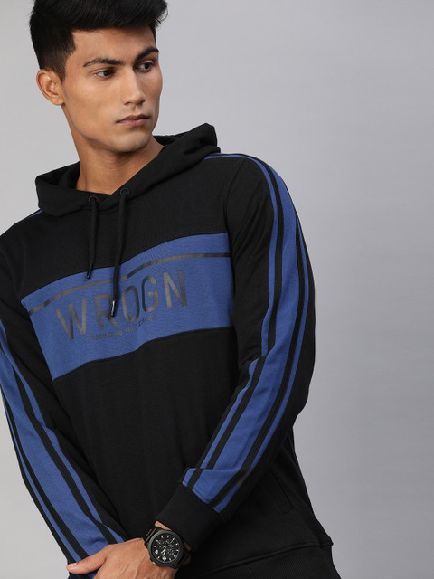 

WROGN Men Black & Navy Blue Slim Fit Colourblocked Hooded Sweatshirt with Print
