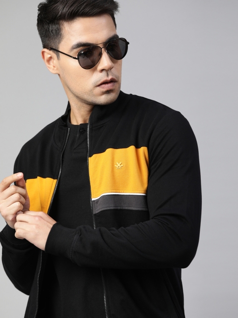 

WROGN Men Black & Mustard Yellow Colourblocked Slim Fit Pure Cotton Sweatshirt