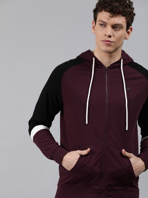 

WROGN Men Maroon & Black Solid Hooded Sweatshirt