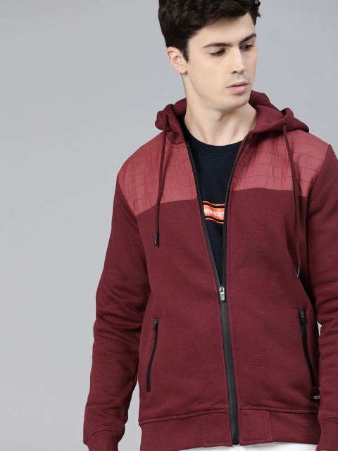 

WROGN Men Maroon Solid Hooded Sweatshirt