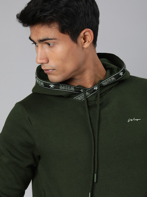

WROGN Men Olive Green Solid Hooded Sweatshirt