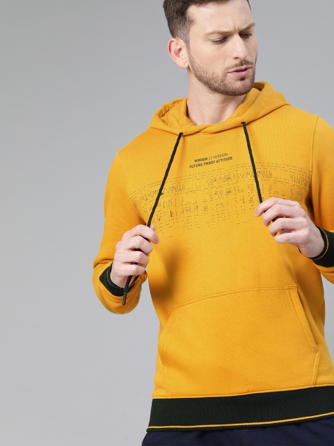 

WROGN Men Yellow & Black Printed Hooded Sweatshirt