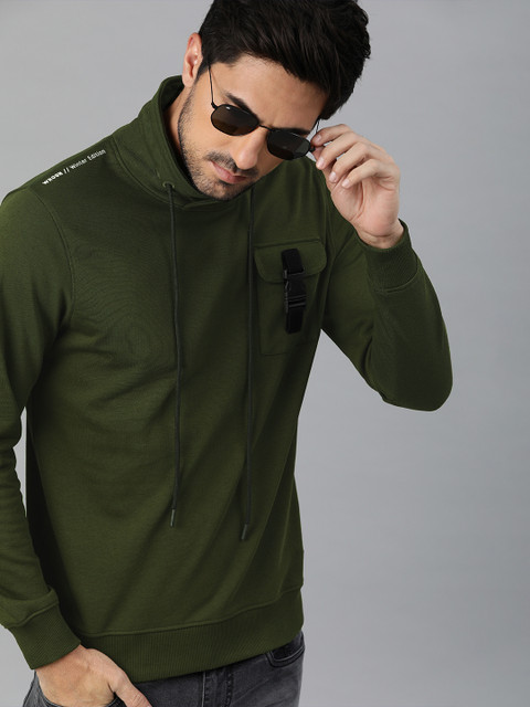 

WROGN Men Olive Green Slim Fit Solid High Neck Sweatshirt