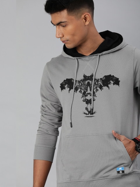 

WROGN Men Grey Printed Slim Fit Hooded Sweatshirt