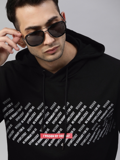 

WROGN Men Black & White Typography Print Hooded Sweatshirt
