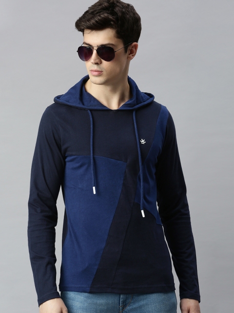 

WROGN Men Navy Blue Colourblocked Hood T-shirt