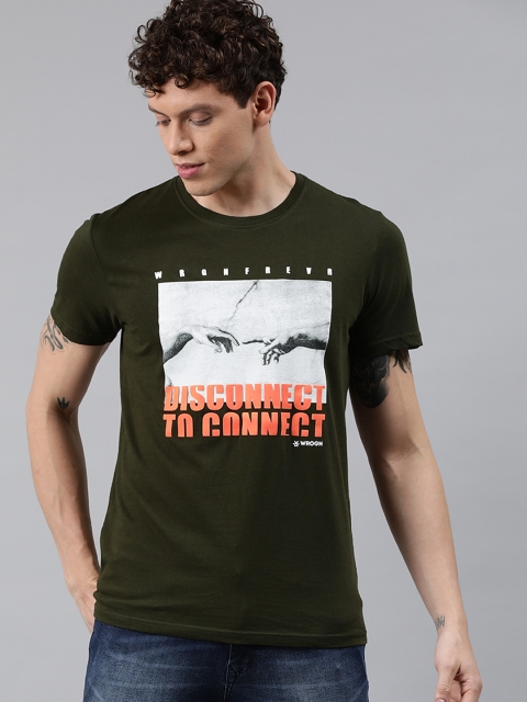 

WROGN Men Olive Green Slim Fit Graphic Printed Round Neck T-shirt
