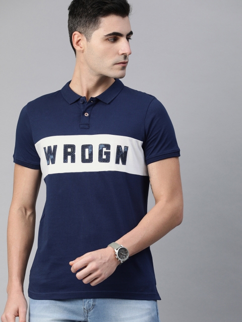 

WROGN Men Navy Blue & Blue Slim Fit Striped Polo Collar Applique T-shirt