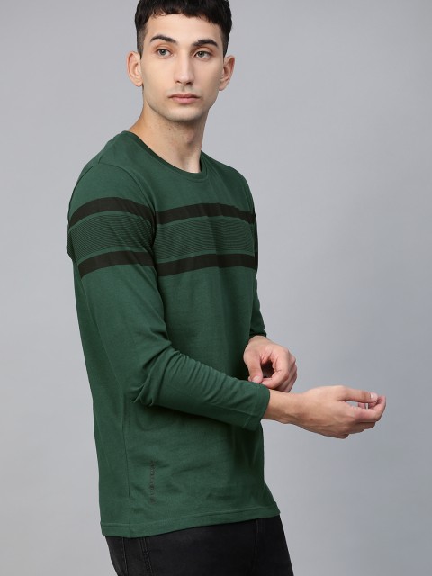 

WROGN Men Green Striped Round Neck T-shirt