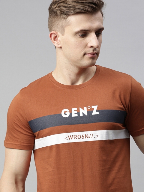 

WROGN Men Rust Brown Slim Fit Printed Round Neck T-shirt