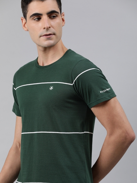 

WROGN Men Olive Green & White Striped Round Neck T-shirt
