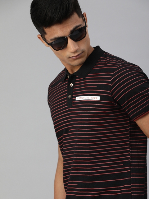 

WROGN Men Black & Maroon Pure Cotton Slim Fit Striped Polo Collar T-shirt