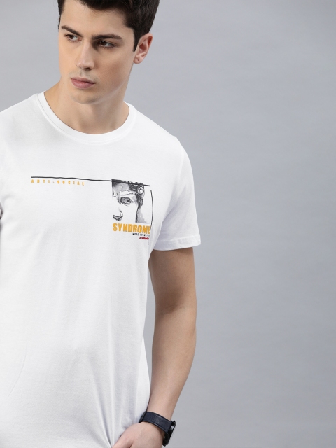 

WROGN Men White Slim Fit Printed Round Neck T-shirt