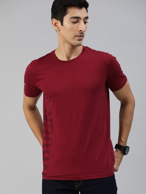 

WROGN Men Maroon Slim Fit Brand Logo Printed Round Neck Pure Cotton T-shirt