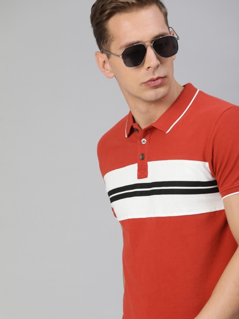 

WROGN Men Rust Striped Polo Collar T-shirt