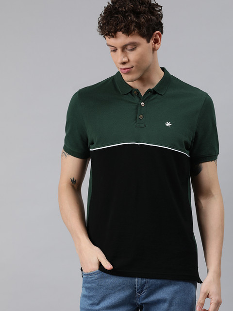 

WROGN Men Olive Green & Black Colourblocked Slim Fit Polo Collar T-shirt