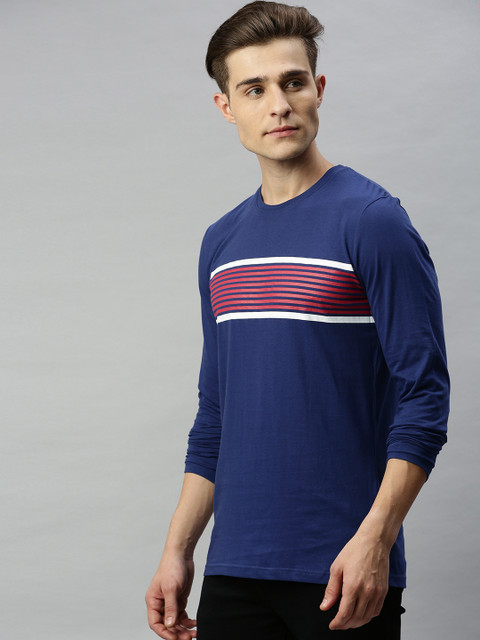 

WROGN Men Blue & Pink Striped Round Neck T-shirt