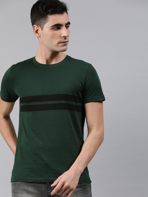 

WROGN Men Olive Green Slim Fit Striped Round Neck Pure Cotton T-shirt