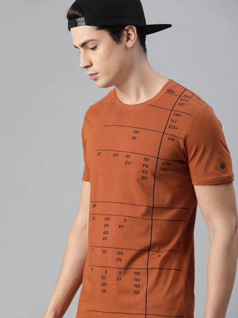 

WROGN Men Rust Brown & Black Printed Slim Fit Round Neck T-shirt