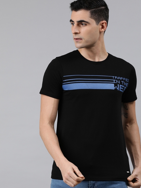 

WROGN Men Black & Blue Striped Slim Fit Round Neck T-shirt