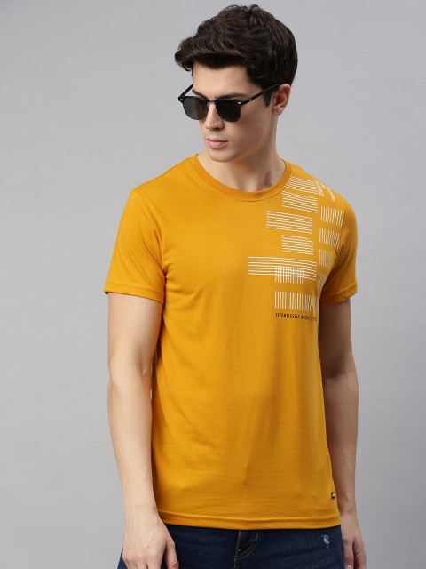 

WROGN Men Mustard Yellow Printed Round Neck T-shirt