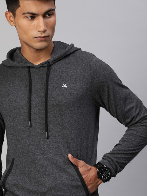 

WROGN Men Charcoal Grey Slim Fit Solid Hood T-shirt
