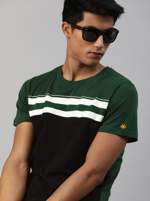 

WROGN Men Olive Green & Black Slim Fit Colourblocked Round Neck T-shirt