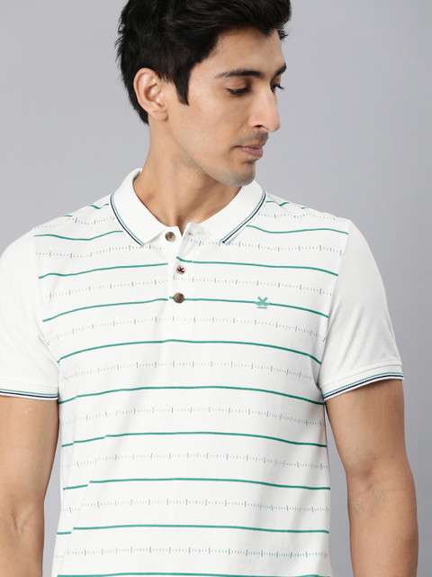 

WROGN Men White & Green Slim Fit Striped Polo Collar T-shirt