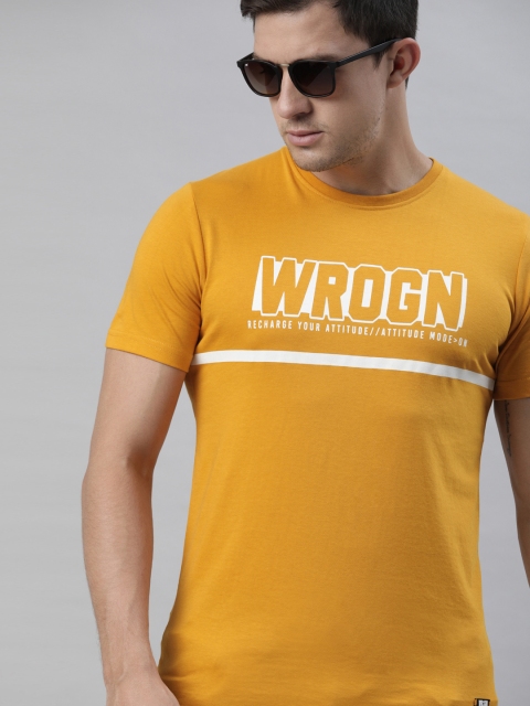 

WROGN Men Mustard Yellow Printed Round Neck T-shirt