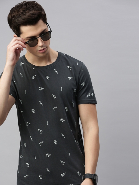 

WROGN Men Charcoal Printed Round Neck T-shirt