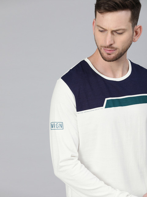 

WROGN Men White Colourblocked Round Neck T-shirt