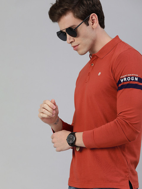 

WROGN Men Rust Red Slim Fit Solid Polo Collar T-shirt With Printed Detailing