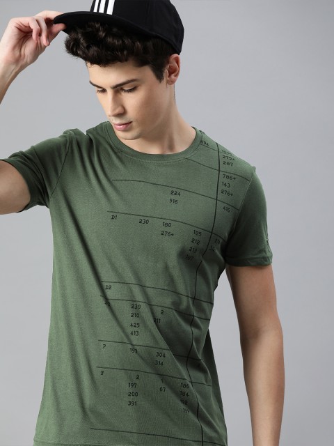 

WROGN Men Olive Green & Black Printed Slim Fit Round Neck T-shirt