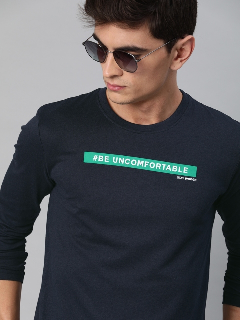 

WROGN Men Navy Blue Printed Slim Fit Round Neck Pure Cotton T-shirt
