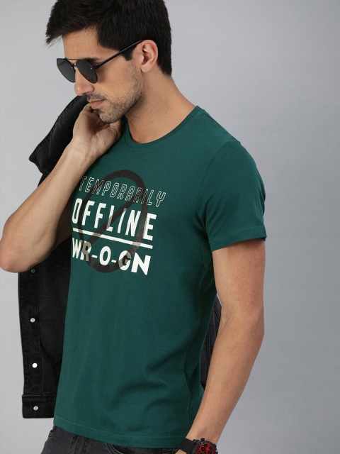 

WROGN Men Teal Green Printed Slim Fit Round Neck T-shirt