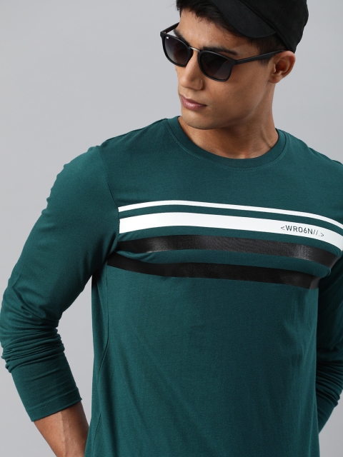 

WROGN Men Teal Green Striped Slim Fit Round Neck Pure Cotton T-shirt