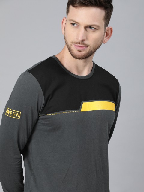 

WROGN Men Charcoal Grey & Black Slim Fit Colourblocked Round Neck T-shirt