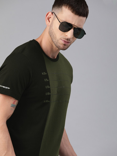 

WROGN Men Black & Olive Green Colourblocked Round Neck T-shirt
