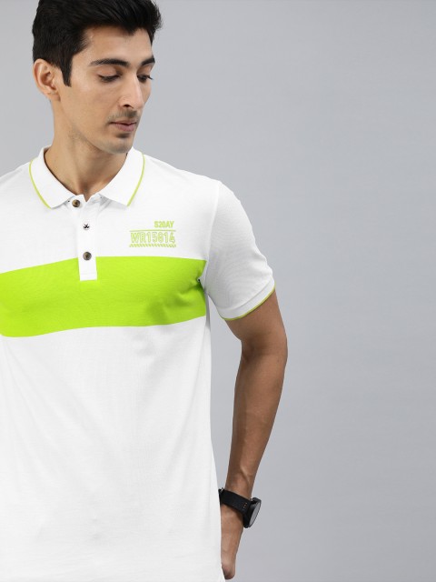 

WROGN Men White & Fluorescent Green Slim Fit Colourblocked Polo Collar T-shirt