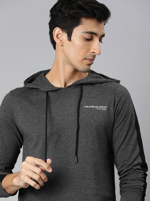 

WROGN Men Charcoal Grey Solid Hood T-shirt