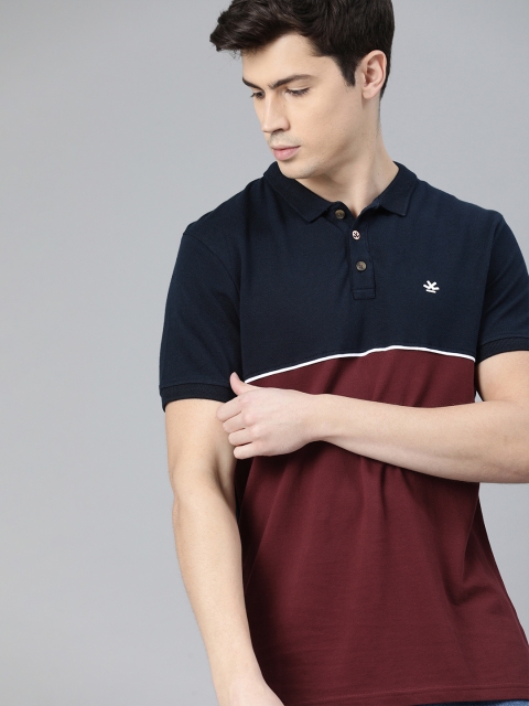 

WROGN Men Navy Blue & Maroon Slim Fit Colourblocked Polo Collar T-shirt