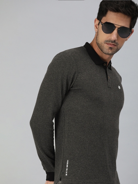 

WROGN Men Charcoal Grey Self Design Slim Fit Polo Collar T-shirt