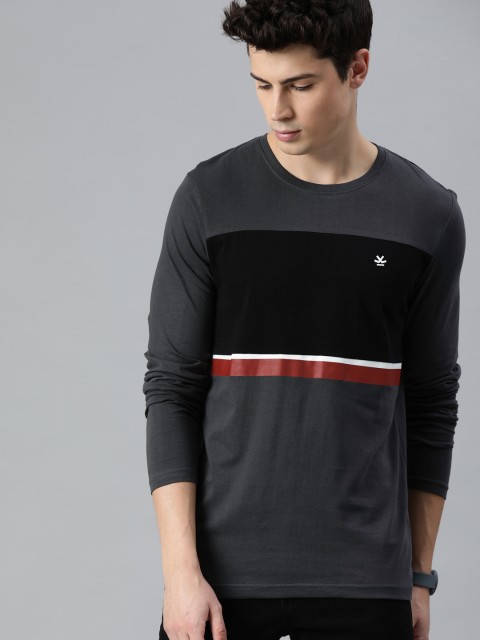 

WROGN Men Charcoal Grey & Black Colourblocked Slim Fit Round Neck T-shirt