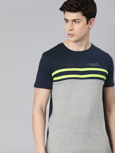 

WROGN Men Navy Blue & Grey Slim Fit Colourblocked Round Neck T-shirt