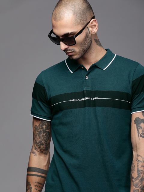 

WROGN Men Green Slim Fit Striped Polo Collar Pure Cotton T-shirt with Printed Detailing
